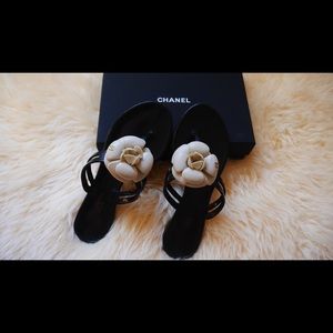 Chanel Black Jelly Camellia Sandlers Size 6